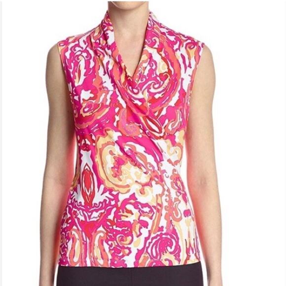 J. McLaughlin Faux Wrap Abstract Paisley Pink Yellow Sleeveless Top - m - Picture 1 of 10
